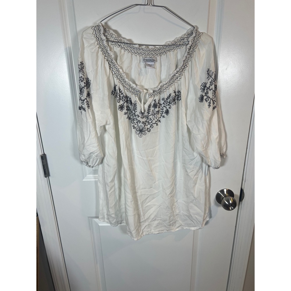 Fresco Women Blouse Embroidered Peasant Top White XL